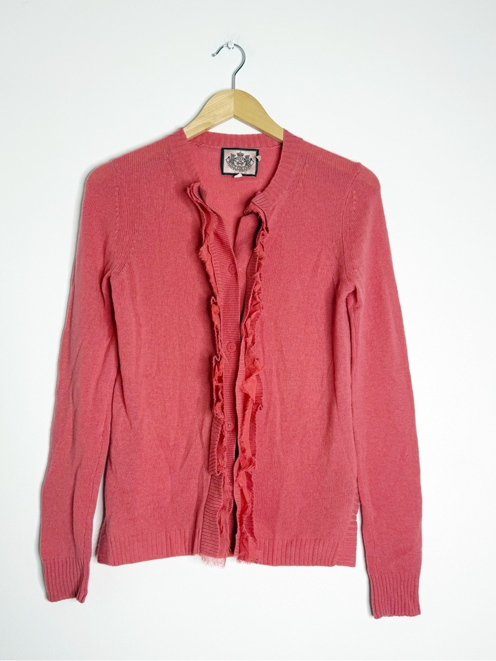 Juicy Couture Cashmere Wool Ruffle Cardigan Sweater Pink XS Vintage